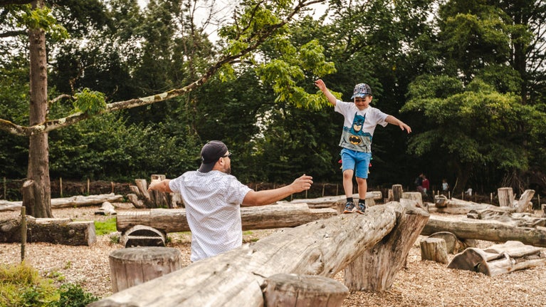 Child playing in the Log Stack play area at Dyffryn Gardens, Vale of Glamorgan